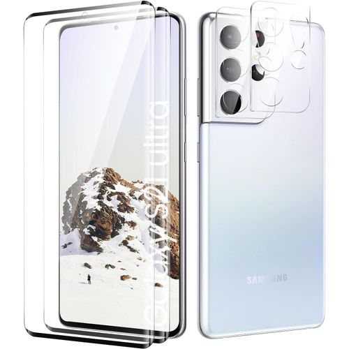 Tempered Glass Screen Protector For Samsung Galaxy S21 Ultra [Bubble Free] [Ultra Resistant] [Anti-Scratch] 2 Pieces Tempered Glass + 2 Camera Screen Protectors