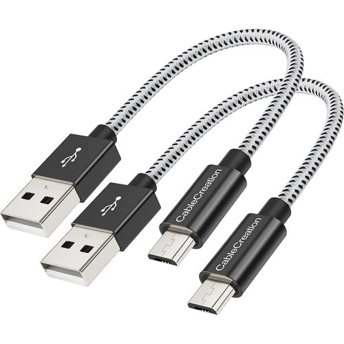 15cm Câble Micro Usb, Câble Court Tressé Usb A Mâle Vers Micro B Mâle, Charge Rapide, Compatible Avec Batterie Externe, Smartphone D'android, Kindles, Drone Etc, 0.5pied, Noir Et Blanc