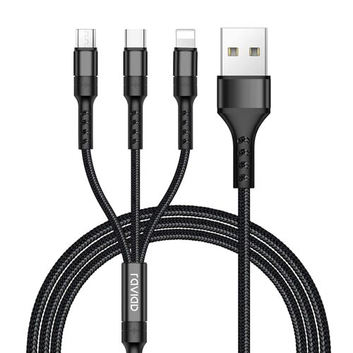 KAL-Câble Multi USB, 3 en 1 Multi Chargeur USB Câble en Nylon Tressé avec Micro USB Type C Connecteurs pour Samsung Galaxy S24/S23/S22/S21,Huawei p30/P20,Honor,OnePlus,Wiko,Kindle-2M (Noir)