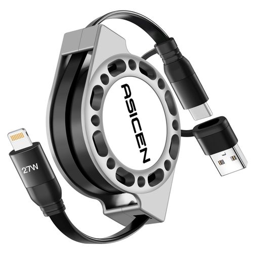 TRAHOO-Câble USB C iPhone 27W, [1.2M] Rétractable Câble Lightning, 2 in 1 Chargeur Rapide [Certifié MFi] USB A/Type C vers Lightning pour iPhone 14 13 12 11, iPad Mini Pro Air,AirPods