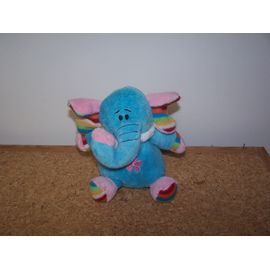 Doudou Elephant Bleu Pattes Rayees Fleur Brodee