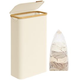 Panier à linge Mince avec couvercle, 65L, Doublure en maille Amovible, Tissu Oxford, Pliable, 42 x 22,5 x 70,5 cm, Blanc Crème