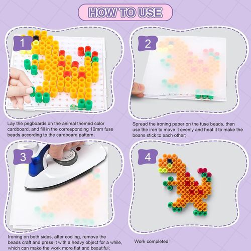 KALANKA-Lot de 1000 perles à repasser de 10mm, grandes perles thermocollantes, 10 motifs d'animaux, papier à repasser avec panneau perforé, perles XL pour panneau perforé, Pour enfants à partir de 3