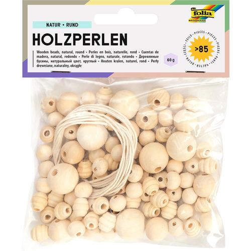 KALANKA-folia Lot de 84 perles en bois de 4 différentes pour fabriquer des colliers et des bracelets, avec 2 cordons d'environ 85 cm, naturel, taille unique