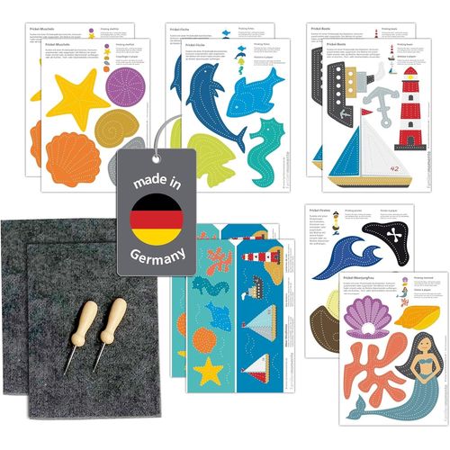 KALANKA-Maxi-Bastel-Set Prickeln Lot de 10 picots, mer (2 coquillages, poissons, bateaux, photophores de mer, 1 pirate, 1 sirène) DIN A5, 2 feutrines, 2 aiguilles à piquer