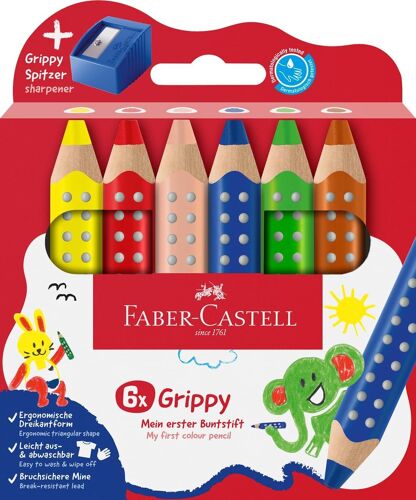 110635 Set Grippy, 6 Gros Crayons De Couleurs Enfants, Kit Dessin Facile À Laver, Crayon De Couleurs De Forme Triangulaire Ergonomique Et Épaisseur De 10mm, Taille Crayon Inclu