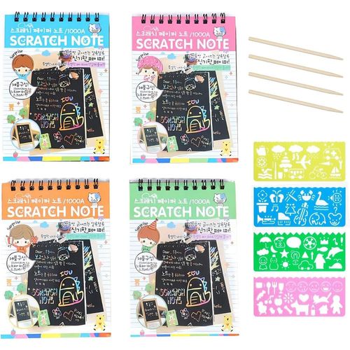 KALANKA-Lot De 4 Notes à Gratter, 40 Feuilles De Papier à Gratter Arc-en-Ciel Magie Art Et Artisanat Graffiti avec 4 Stylos Et Pochoirs pour Enfants, Jeux De Fête, Cadeaux De Festival