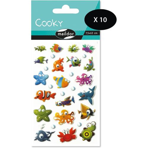 Gommettes 3d Cooky - Lot De 10 Planches 12x8 Cm - 290 Stickers - Animaux De La Mer