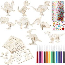 KALANKA-16 pièces Kit de Bricolage en Bois 3D Puzzle Dinosaure à Peindre pour Enfants dès 4 ans, avec 12 Crayons Aquarelle et 2 Autocollants de Pierres Précieuses pour Anniversaire, DIY