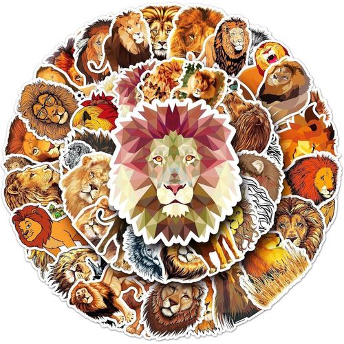 KAL-Lot De 50 Autocollants Lion Pour Bouteilles D'Eau, Ordinateur Portable, Téléphone, Guitare, Skateboard, Valise, Vélo, Lion, Vinyle, Autocollants, Imperméables, Esthétiques, Pour Adolescents,