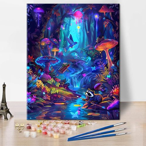 KALANKA-Forêt Peinture par numéros Adultes, Champignons Fantasy, Peinture par Numéros, Peinture acrylique par numéros, Kit de toile pour cadeau, décoration murale, raton laveur Peinture à l'huile