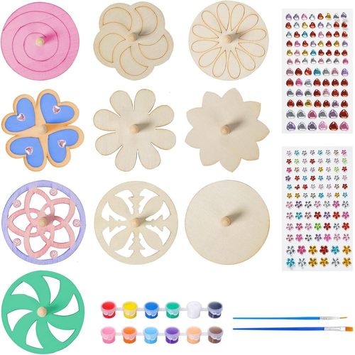KALANKA-10 Pièces Toupie en Bois, Toupies pour Enfants, DIY Toupie à Colorer, Bricolage Enfant, avec Pigments & Autocollants Diamant pour Activité Manuelle Enfants Cadeau Fête Anniversaire