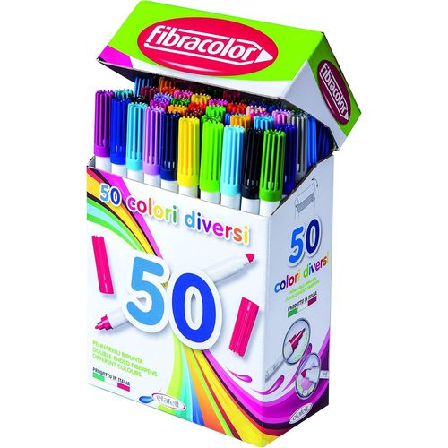 Kalanka-Fibracolor Marqueurs Bipunta 544, Boîte Compacte 50 Pièces, 50 Couleurs Différentes, Pointe Conique Et Pointe Fine, Double Trait D'écriture, Superlavables