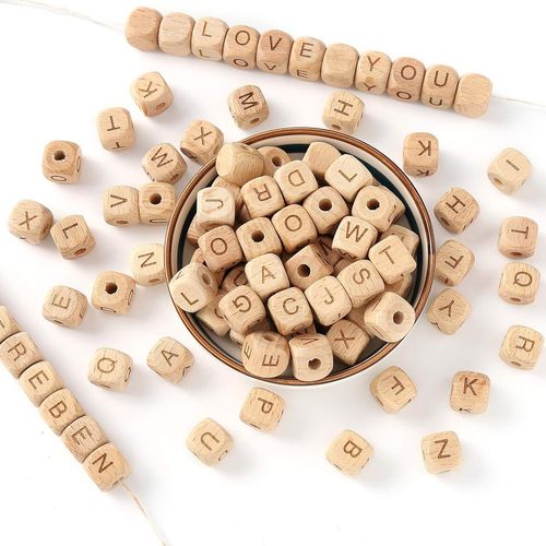 KALANKA-Lot de 72 perles en bois avec lettres de l'alphabet - 12 mm - Perles en bois naturel - Pour l'artisanat (A)