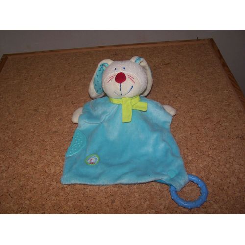 Doudou Plat Lapin Haba Bleu Turquoise-Blanc Écharpe Vert Anis Attache Tétine