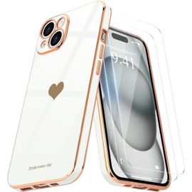 Kalanka-Coque Pour Iphone 15 Plus Avec 2 Films De Protection D'écran, Tpu Galvanisé Avec Motif Coeur D'amour Étui Antichoc Pour Filles Femmes Housse Pour Iphone 15 Plus, Blanc
