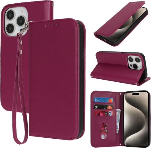 for Coque iPhone 15 Pro Max avec Porte Carte Flip Coque pour iPhone 15 Pro Max avec Cordon Court Étui Portefeuille à Rabat - Rouge foncé