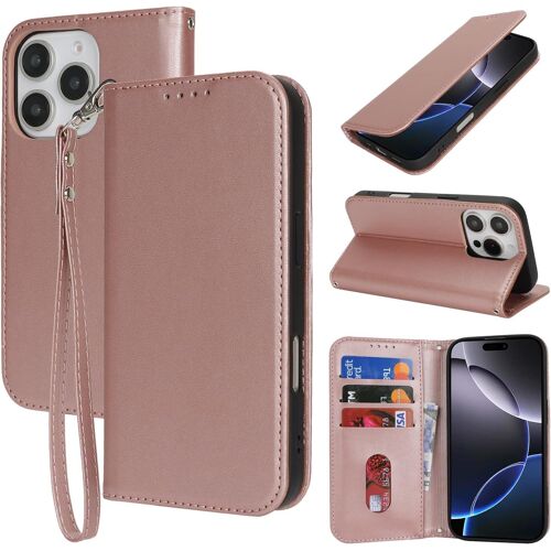 SJZG-For Coque Iphone 16 Pro Max Avec Porte Carte Flip Coque Pour Iphone 16 Pro Max Avec Cordon Court Étui Portefeuille À Rabat - Or Rose