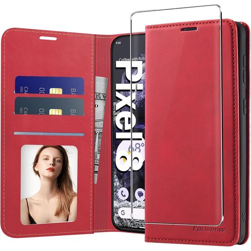 Étui Portefeuille Aimanté Premium Pour Google Pixel 8 - Coque Cuir Antichoc Avec 3 Emplacements Cartes & Fermoir (Rouge)