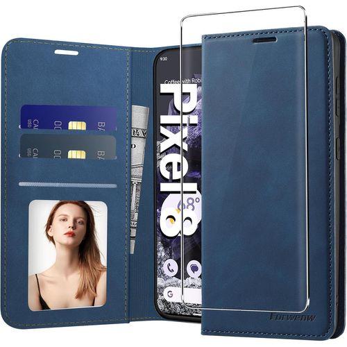 Étui Coque Google Pixel 8 Cuir Premium Magnétique ¿ Portefeuille 3 Cartes, Antichoc avec Fonction Support (Bleu)