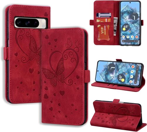 KAL-Coque Google Pixel 8 Pro Antichoc Étui Housse Protection En Cuir Magnétique Flip Case Portefeuille Etui En Protecion Pour Google Pixel 8 Pro (6,1""), Rouge