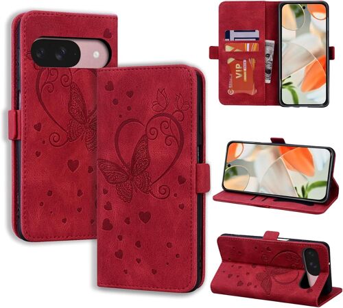 KAL-Coque Pour Google Pixel 9/Google Pixel 9 Pro Antichoc Étui Housse Protection En Cuir Magnétique Flip Case Portefeuille Etui En Protecion Pour Google Pixel 9/9 Pro 2024, Rouge