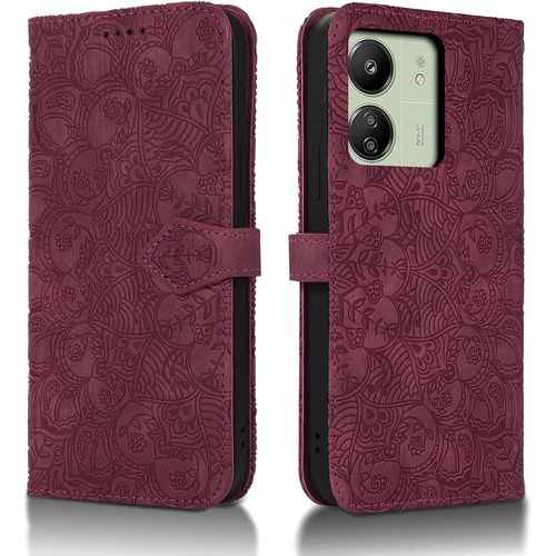 Kal-Coque Pour Xiaomi Redmi 13c/ Poco C65 Etui Protection Housse Premium En Cuir Pu [Emplacements Cartes] [Fermeture Magnétique] Pochette Flip Portefeuille Case Pour Xiaomi Redmi 13c Vin Rouge