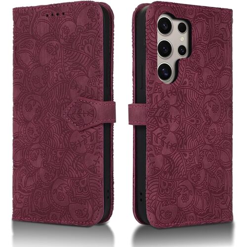 KAL-Coque Pour Samsung Galaxy S24 Ultra 5G Etui Protection Housse Premium En Cuir Pu [Emplacements Cartes] [Fermeture Magnétique] Pochette Flip Portefeuille Case Galaxy S24 Ultra 5G Vin Rouge