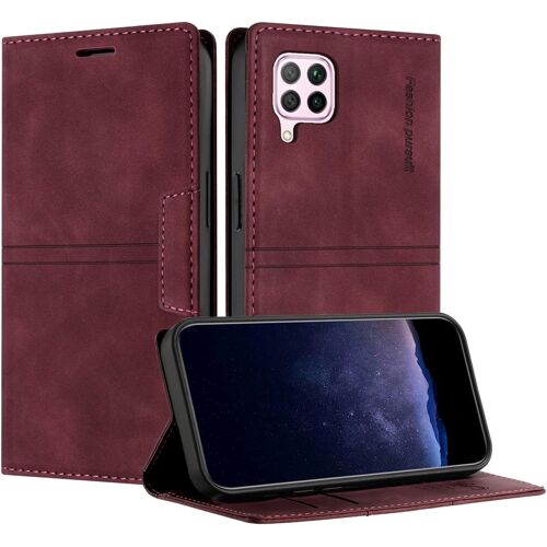 KAL-Coque Pour Huawei P40 Lite, Housse En Cuir Pu Portefeuille Etui, Tpu Fonction Support [Fentes Pour Cartes] Anti-Choc Folio Magnetique Compatible Avec Huawei P40 Lite (Rouge Vineux)