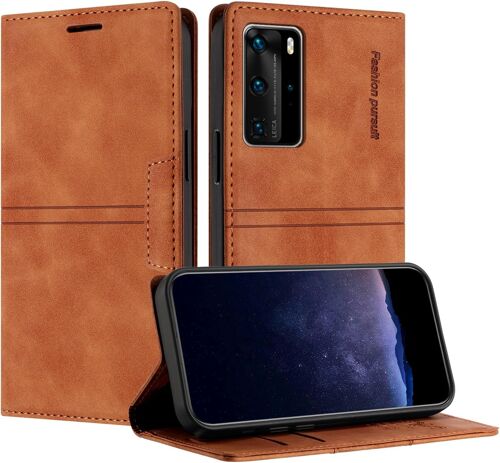 KAL-Coque Pour Huawei P40 Pro, Housse En Cuir Pu Portefeuille Etui, Tpu Fonction Support [Fentes Pour Cartes] Anti-Choc Folio Magnetique Compatible Avec Huawei P40 Pro (Marron)
