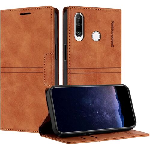 KAL-Coque Pour Huawei P30 Lite, Housse En Cuir Pu Portefeuille Etui, Tpu Fonction Support [Fentes Pour Cartes] Anti-Choc Folio Magnetique Compatible Avec Huawei P30 Lite (Marron)
