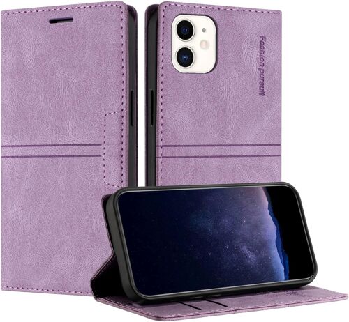 KAL-Coque Pour Iphone 12 Mini (5,4 Pouce), Housse En Cuir Pu Portefeuille Etui, Tpu Fonction Support [Fentes Pour Cartes] Anti-Choc Folio Magnetique Compatible Avec Iphone 12 Mini (Violet)