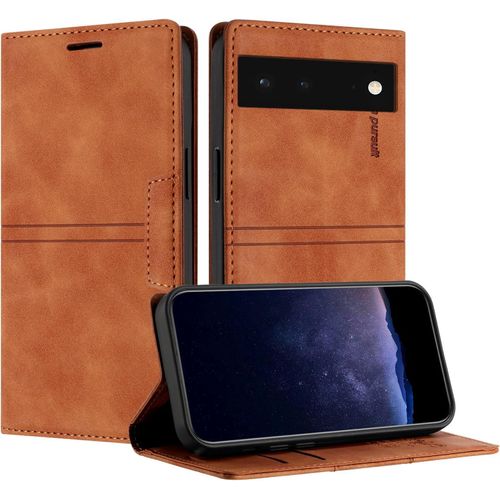 KAL-Coque Pour Google Pixel 6, Housse En Cuir Pu Portefeuille Etui, Tpu Fonction Support [Fentes Pour Cartes] Anti-Choc Folio Magnetique Compatible Avec Google 6 (Marron)