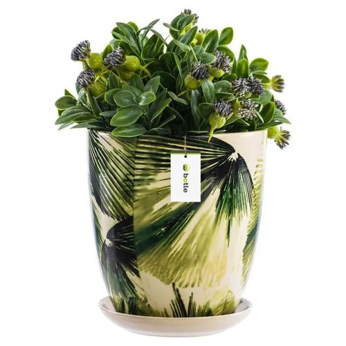 Pot Rond En Céramique Ø12 Cm H 13 Cm Feuilles Vertes Crème