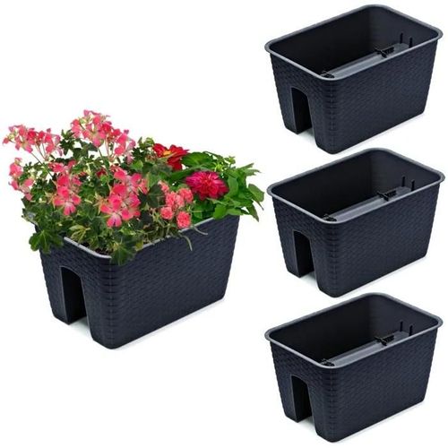 3x Potting Box 27.2 cm x 39.6 cm Rotin Anthracite 13 L balustrade garde-corps