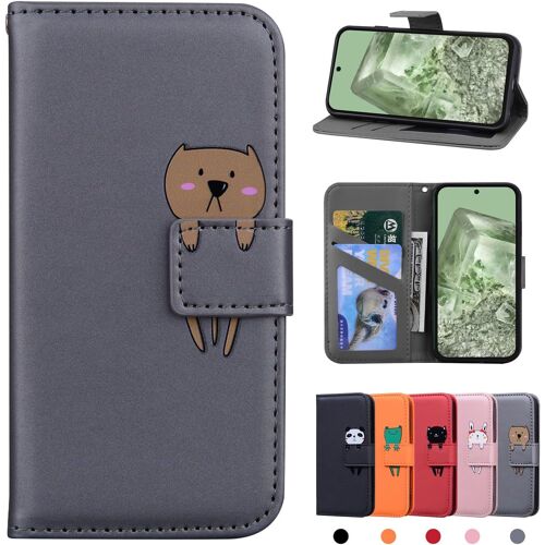 KAL-Coque Google Pixel 8A 5G Pu Etui En Cuir Etui Portefeuille À Fentes Pour Cartes Google 8A Magnétique Housse Etui De Protection Pour Google Pixel 8A 5G Ours Gris