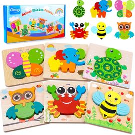 ERYI-6 Pièces Puzzle En Bois Enfant, Jouet Bébé 3D Puzzles, Jouet Montessori Animaux, Puzzle À Encastrement Educatif Apprentissage Jeux Pour Garçon Fille Anniversaire Noël Cadeau
