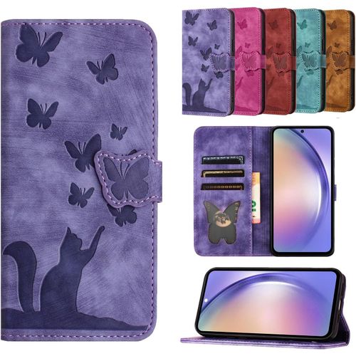 Kal-Coque Compatible Avec Samsung Galaxy A24 4g Étui En Cuir Pu Flip Portefeuille Fente Pour Carte Magnétique Étui De Protection Motif Chat Papillon,Violette