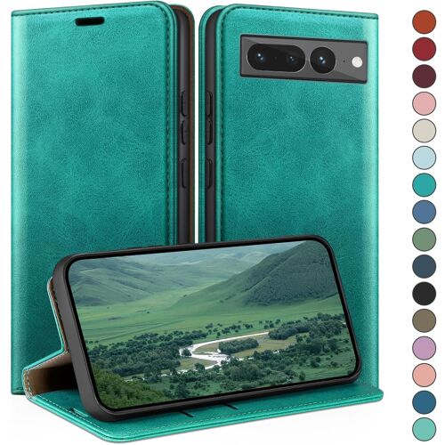 KAL-Coque Pour Google Pixel 7 Pro 5G Avec Rfid Blocage Etui À Rabat En Cuir De Premium,Fentes Pour Cartes,Coques De Case,Cover À Rabat Pour Pixel 7 Pro Portefeuille Bleu Vert