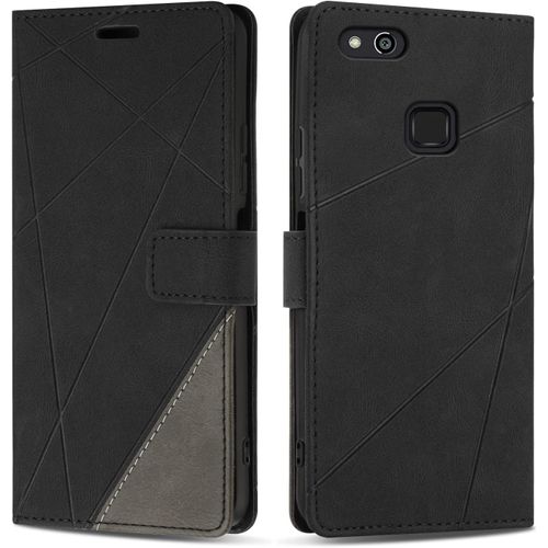 Kal-Coque Pour Huawei P10 Lite, Protection Housse Etui En Cuir Pu Portefeuille Livre Pour Huawei P10 Lite, Emplacements Cartes, Fonction Support, Noir