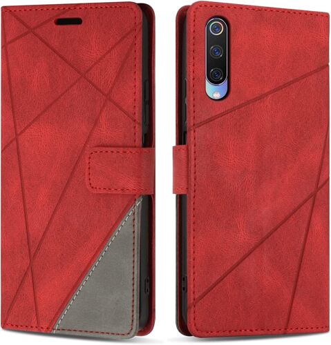 KAL-Coque Pour Xiaomi Mi 9, Protection Housse Etui En Cuir Pu Portefeuille Livre Pour Xiaomi Mi 9, Emplacements Cartes, Fonction Support, Rouge