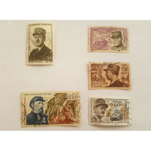 Lot 5 Timbres Oblitérés - Yt 920, 1270, 1660, 1695, 2495 - Entre 1952 Et 1987 - Militaires: Général De Gaulle En Juin 1940, Leclerc, Estienne, Maréchal De Lattre De Tassigny, Colonel Denfert-Rochereau