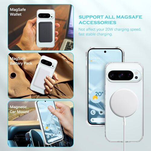 Coque Magnétique pour Google Pixel 9 Pro, Compatible MagSafe, Étui de Protection Cristal Antichoc Anti-Rayures Anti-Jaunissement, HD/Clear