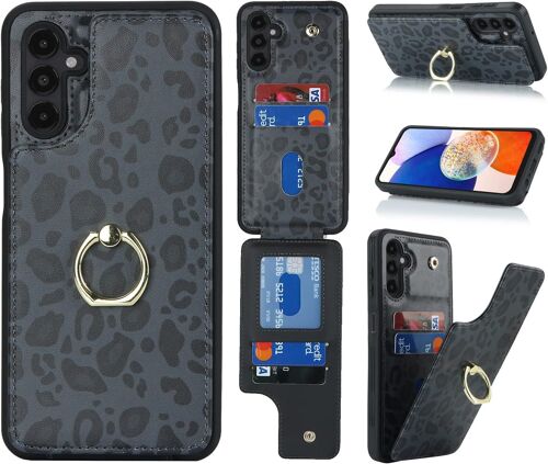 KAL-Coque Compatible Avec Samsung Galaxy A14 Etui,Flip Portefeuille Étui En Cuir,[4 Porte Cartes][Support Béquille Rotatif] - Noir Imprimé Léopard