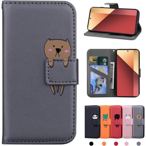 KAL-Coque Xiaomi Redmi Note 13 Pro 4G Housse En Cuir Etui Portefeuille Xiaomi Poco M6 Pro 4G Coque De Protection Pour Xiaomi Redmi Note 13 Pro 4G/Poco M6 Pro 4G Ours Gris