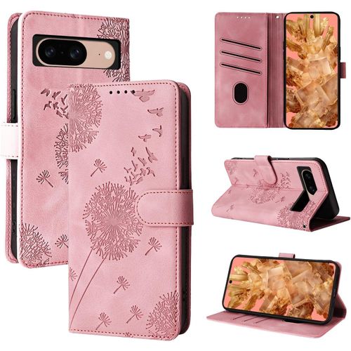 Kal-Coque Google Pixel 8 5g - Étui Portefeuille En Cuir Pu Avec Fermeture Magnétique - Housse À Rabat Motif Pissenlit - Or Rose