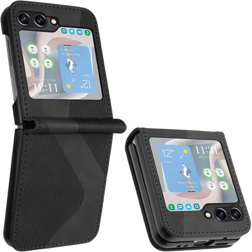 Coque Pour Samsung Galaxy Z Flip 5, Premium Étui Housse En Cuir De Protection Avec [Emplacements Cartes] [Magnetique], Clapet Folio Portefeuille Pour Samsung Z Flip 5 (Noir)