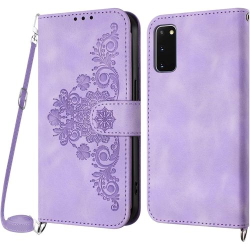 KAL-Coque Pour Samsung Galaxy S20 Avec Cordon, Etui Pour Samsung S20 Avec Cordon Collier, Etui Portefeuille Protection Housse En Cuir Pu Avec [Bandoulière Réglable] Lanyard Case Cover (Violet)