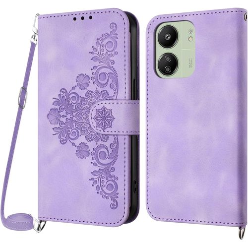 Kal-Coque Pour Xiaomi Redmi 13c/Poco C65 Avec Cordon, Etui Pour Mi Poco C65 Avec Cordon Collier, Cuir Flip Portefeuille, Housse Case Etui Avec [Bandoulière Réglable] Lanyard Case Cover (Violet)