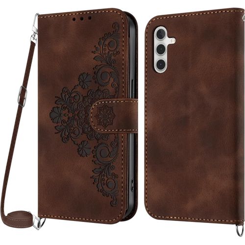 Kal-Coque Pour Samsung Galaxy A55 5g Avec Cordon, Etui Pour Galaxy A55 5g Avec Cordon Collier, Cuir Flip Portefeuille, Housse Case Etui Avec [Bandoulière Réglable] Lanyard Case Cover (Brun)